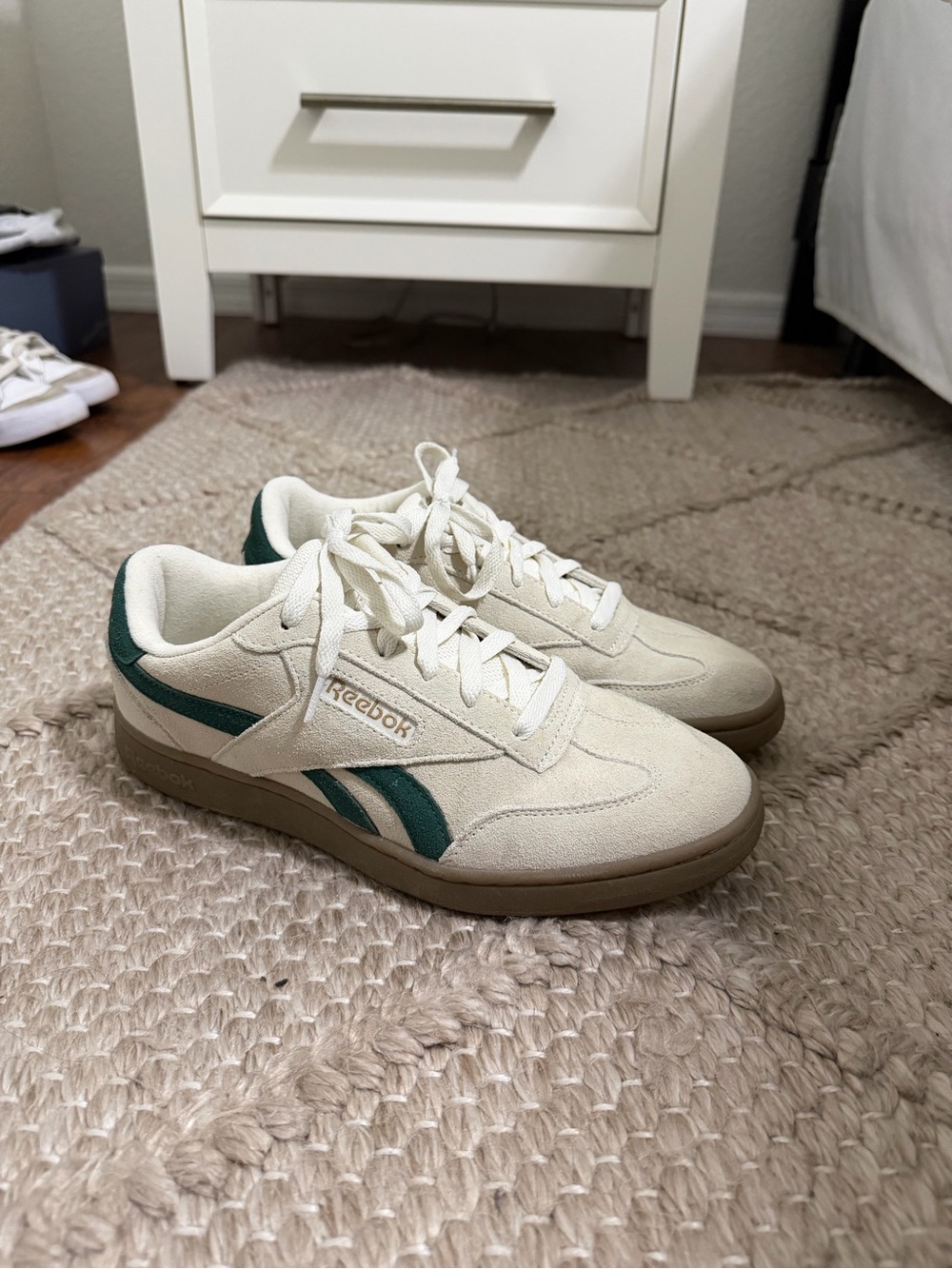 Reebok Cream Suede Sneakers with Dark Green Accents